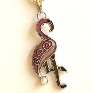 Pink Flamingo Necklace Pearl Island Beach Tropical 23" Long Chain Silver Plated